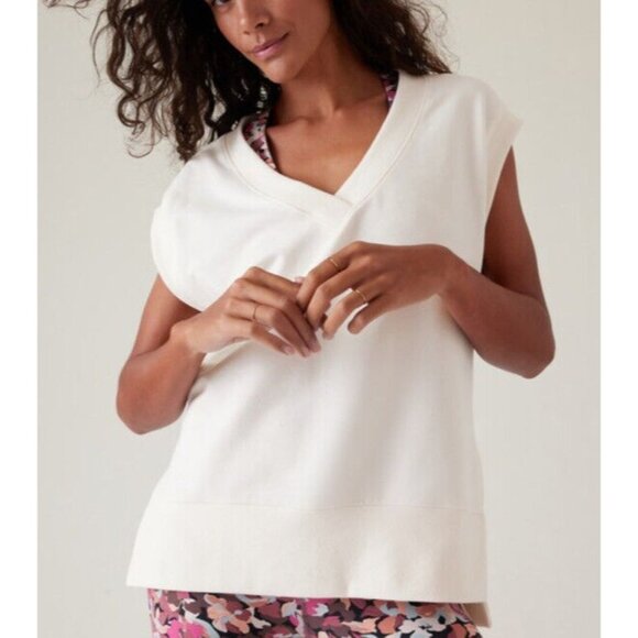 Athleta XL Retroterry V-Neck Sweatshirt Tee  Sleeveless Cream Ivory - Picture 4 of 7